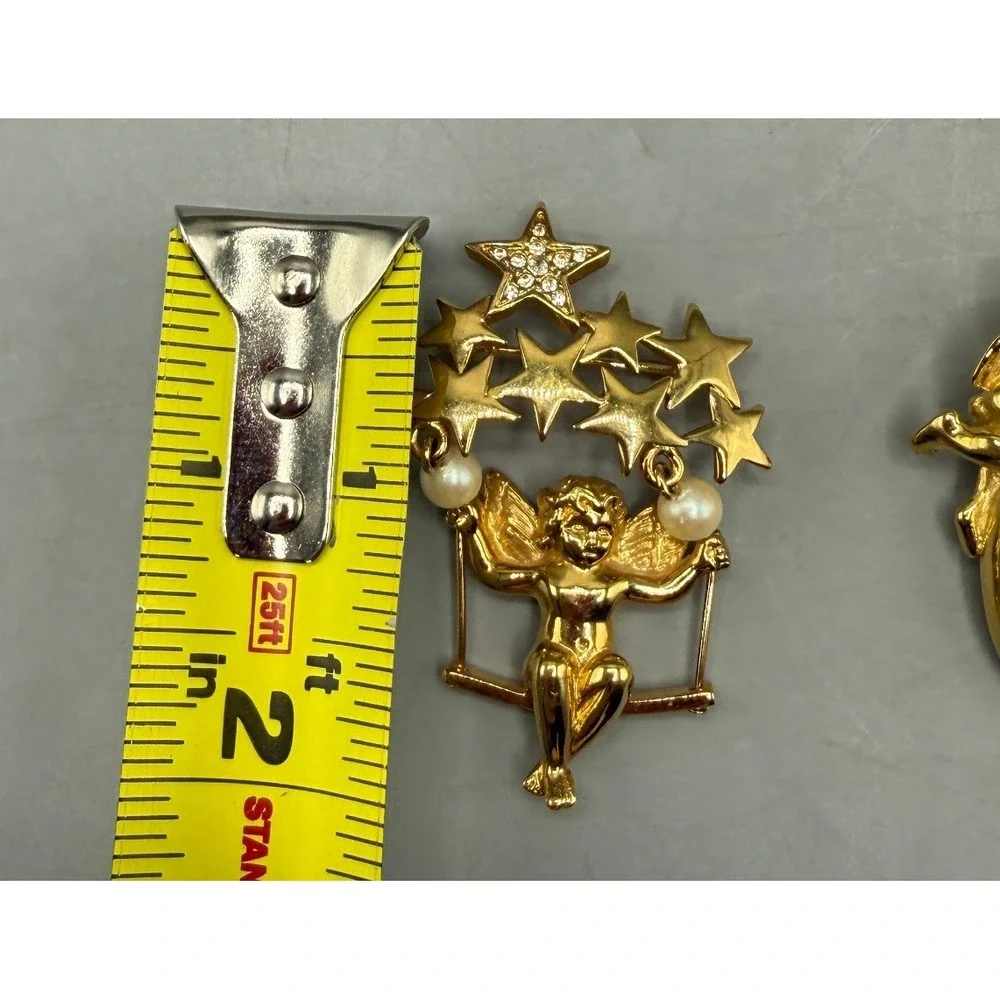 Vintage Gold Tone Cherub Brooch Set Celestial Moon Stars Faux Pearl Rhinestone